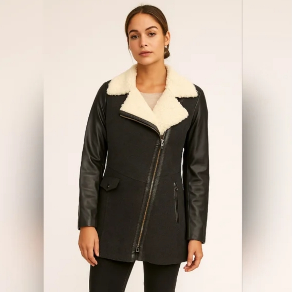 Danier Wool & Genuine Leather Moto Coat Sherpa Collar Thinsulate Winter S
